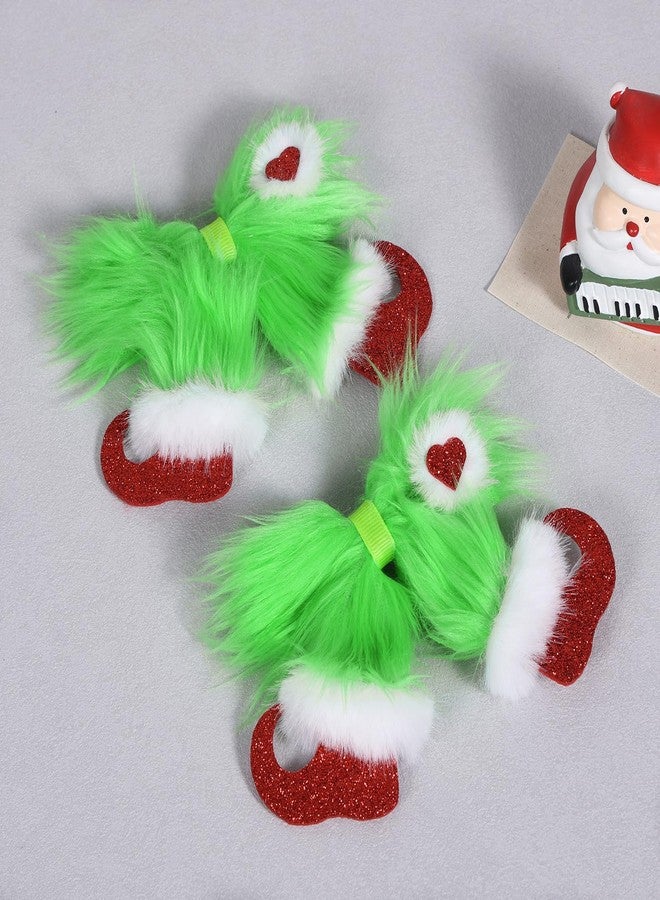 Miroksh Christmas Green Fur Hair Bows 2pcs 4in Holiday Costume Hairbow Alligator Clip with Glitter Heart for Girls Women Kids Xmas Party Dress Decor Accessories Stocking Stuffer Gift - Image 2